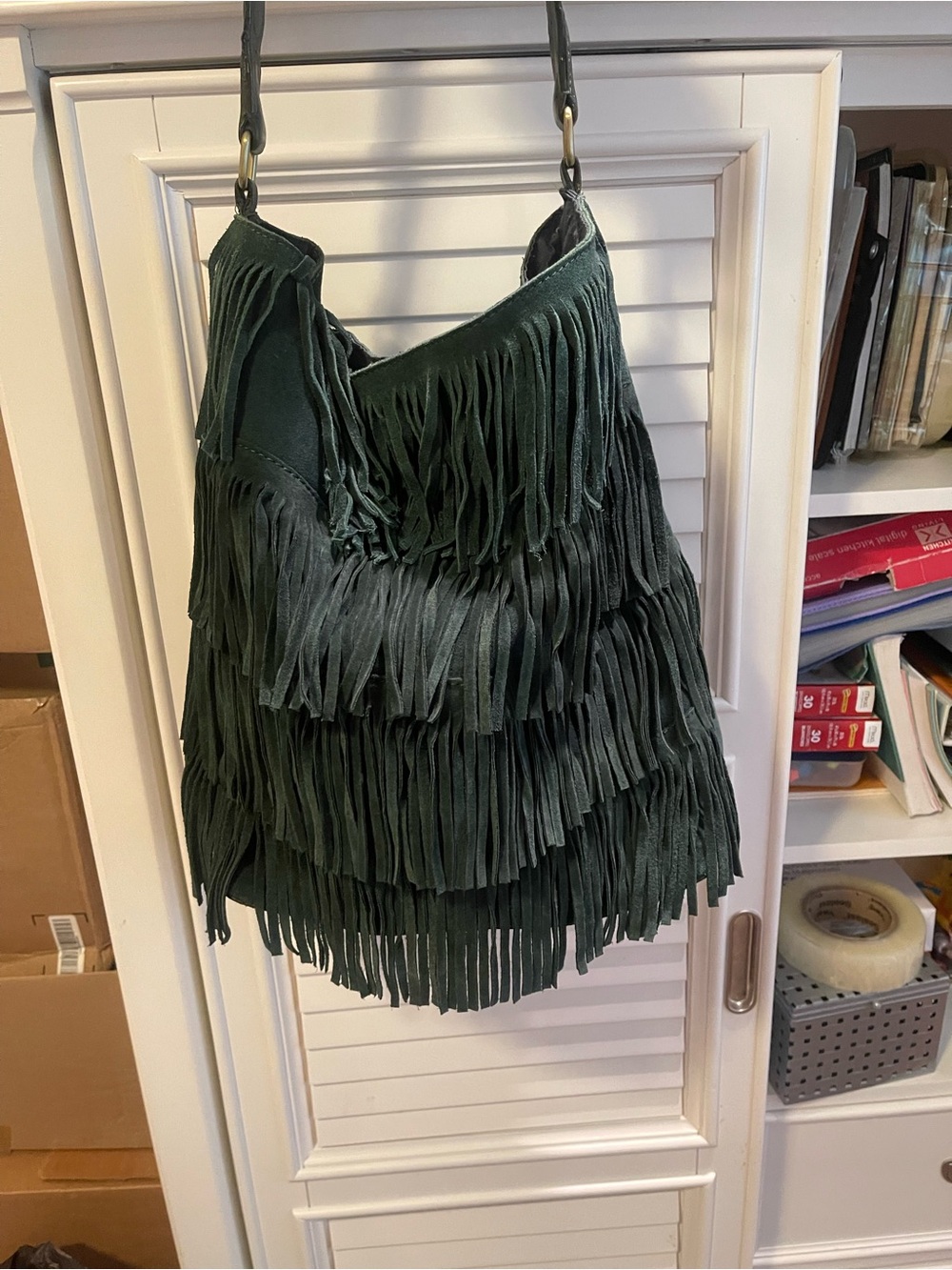 Mango green fringe suede vintage hobo bag euc